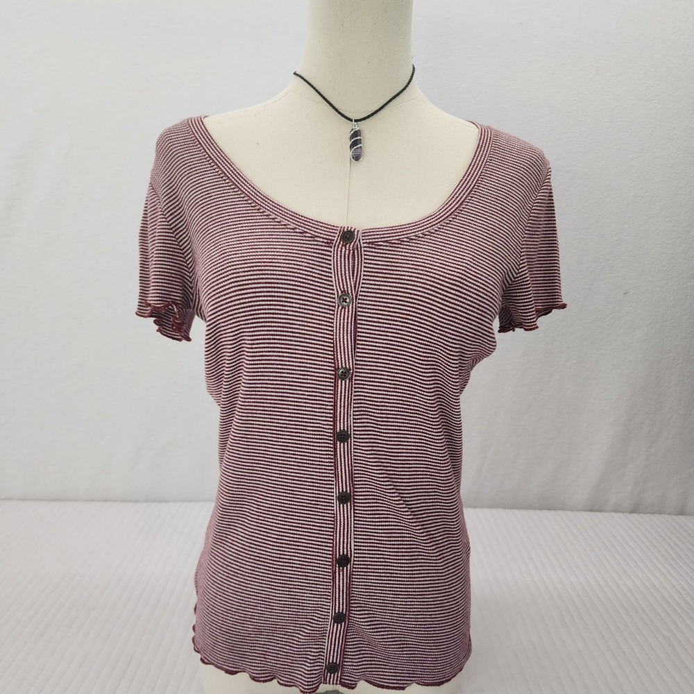 Hollister Burgundy Stripe Button Up Top Ribbed Knit Casual Fitted Tee